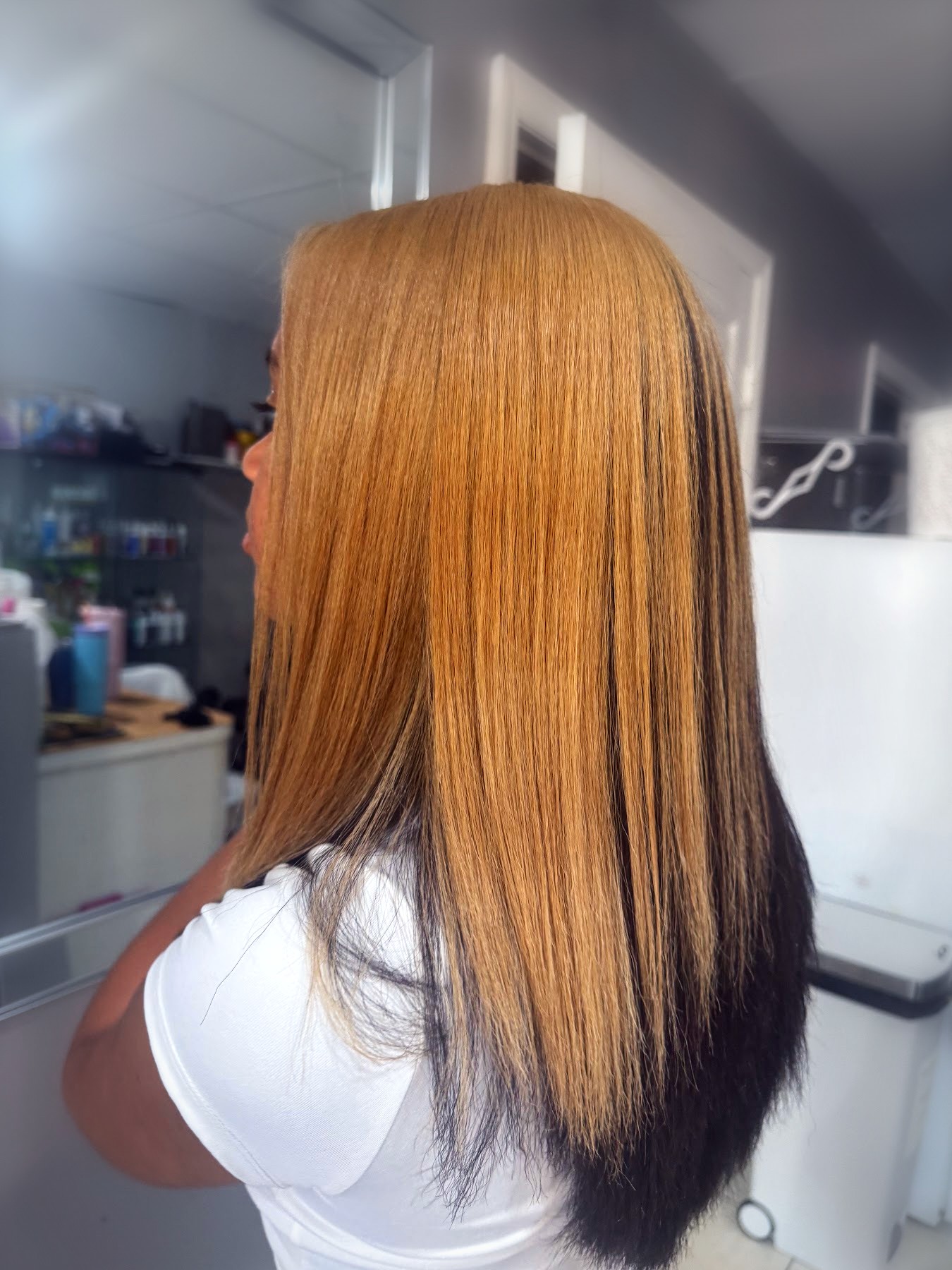Copper blonde color over dark ends, straight blowout by Johanny, Pompano Beach